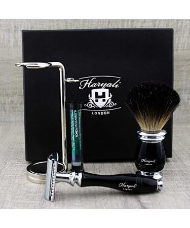 Men's Black Shaving Kit - Badger Hair Brush Safety Razor & Stainless Steel Stand | Premium Grooming Set - Buy Online on GoSupps.com