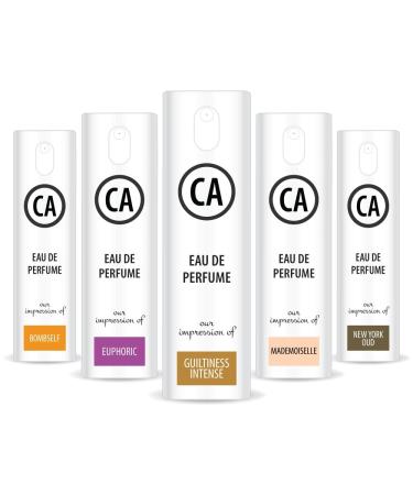 CA Perfume Best Fall Women Set Impression of (Euphoric + Guiltiness + Mademoiselle + Bombself + New York Oud) Fragrance Sample Travel Size Parfum Sprayer (0.3 Fl Oz/10 ml) x5
