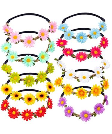 KEHAWK 10PCS Lady Girl Sunflower Headbands Multicolor Daisy Flower Crown Floral Garland with Adjustable Elastic Ribbon for Festival Wedding Party