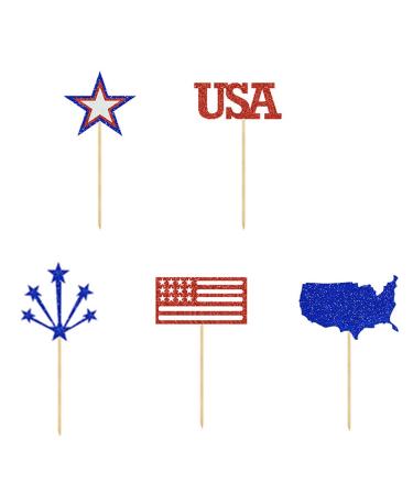 Ulfanit 4th of July Cupcake Toppers Glitter American Flag Blue Red Stars and Stripes Cup Cake Toppers USA Memorial Independence Day Appetizers Food Picks 10pcs