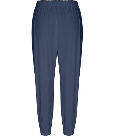 KAAUSE Linen Pants for Women - Loose Fit Cropped Work Pants with Pockets, Elastic High Waist - Navy, Large - Buy Online on GoSupps.com