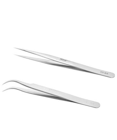 EMEDA Eyelash Extension Tweezers 2 Pieces VETUS Straight Pointer and J Curved Tweezers for Eyelash Extensions Precision Lashing Tweezers Professional Tools for Isolation Classic Volume Lash Extensions