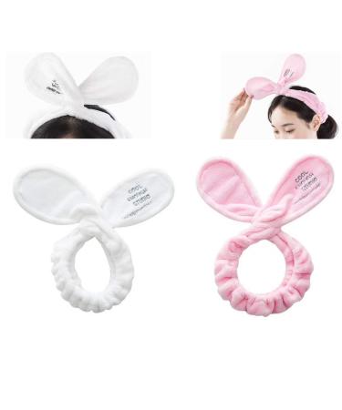 TQsuen 2 Pack Spa Facial Headband Makeup Shower Washing Face Headband Rabbit Ear Facial Cleaning Beauty Headbands Adjustable Towels for Facial Treatment Face Washing Shower White and Pink