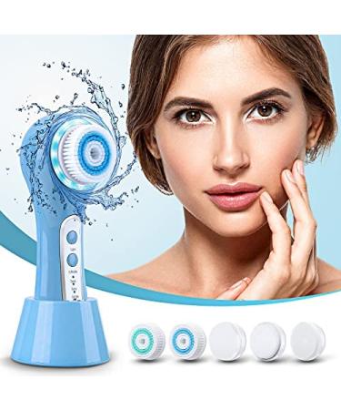 Facial Cleansing Brush  Palwin IPX7 Waterproof Electric Face Scrubber Brush with Red/Blue Light 5 Brush Heads for Exfoliating and Cleansing with 3 Speed Modes Deep Cleaning Face USB Rechargeable