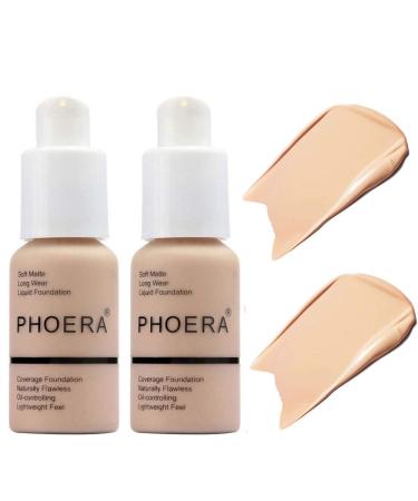 2 Pcs Soft Matte Full Coverage Liquid Foundation for PHOERA Makeup Brighten Highlighting Matte Oil Control Concealer Facial Concealer Color Changing Foundation for Women Girls (2 Pack Nude #102)