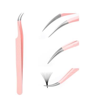 Tweezers for Eyelash Extension Professional Pink Stainless Steel Curved Tip Professional Eyelash Tweezers Striped FADVAN (Bending with Small Angle) Bending with Small Angle Pink