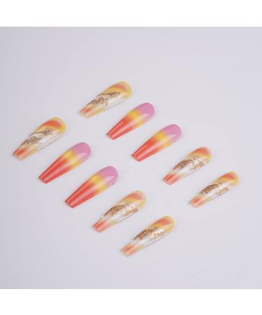 Xerling 24Pcs Gold Glitter Gradient Coffin Nails - Long Press-On False Nails for Women & Girls - Colorful Full Cover Designs (Pattern A) - International Shipping Available - Buy Online on GoSupps.com