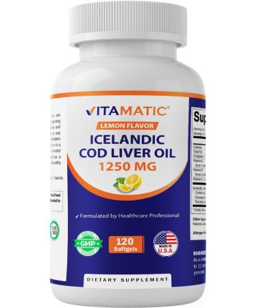 Vitamatic Icelandic Cod Liver Oil Capsules 1250mg 120 Softgels (Lemon Flavor) - Promotes Cardiovascular Health