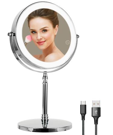 Lighted Makeup Mirror  LED Makeup Mirror Lighted Vanity Mirror with 3 Light Colors  Adjustable Brightness  USB Rechargeable  Smart Touch Screen  Double Sided Magnifying Cosmetic Mirror