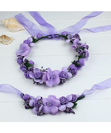 Wedding Bride Garland Women Floral Headband Flower Girl Adjustable Headwear Ladies Artificial Floral Hoop wih Wristband Beach Hawaii Wreath Crown Set Bohemia Headpieces Bracelet for Party Festival purple - Buy Online on GoSupps.com