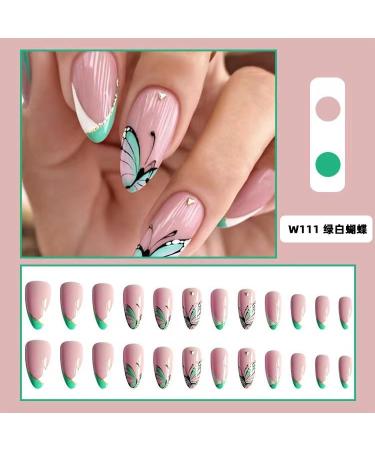 MENILITHS 24Pcs/Set Press On Nails French Green White Butterfly False Nails Acrylic Fake Nails Full Cover Nails Tips Artificial Finger Manicure Press on nails for Women and Girls - Buy Online on GoSupps.com