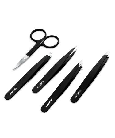 FIXBODY Tweezers Set 5-Piece - Professional Stainless Steel Tweezers with Curved Scissors Best Precision Tweezer for Eyebrows Splinter & Ingrown Hair Removal with Leather Travel Case Black