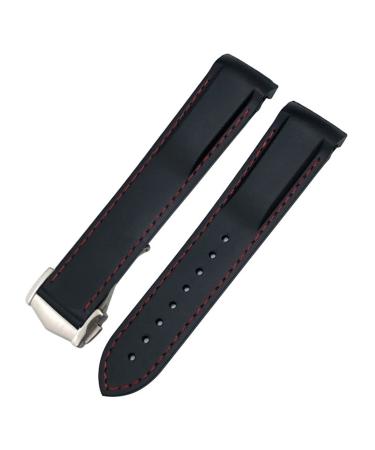 AMSOH 20mm Curved Rubber Watch Strap Fit for Omega Speedmaster Moonwatch Seamaster 300 AT150 Black / Red Golden Buckle