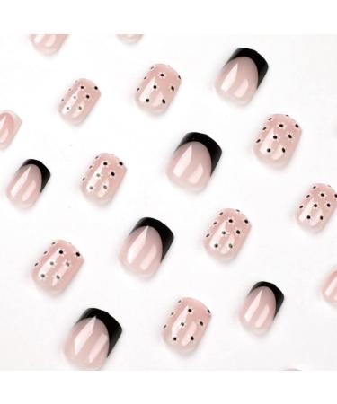Justotry 24-Piece Black French Angular Press-On Nails with Floral Design | Short Square Fake Nails for Women | Classic Artificial Fingernails - Buy Online on GoSupps.com
