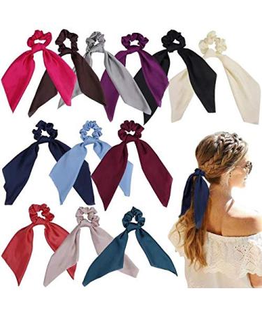 ZZICEN Satin Hair Scrunchie with Tail - Hair Scarf with Bow  Hair Scarf Scrunchies Elastic Ties Bands Hair Bobbles Ponytail Holder for Women or Girls Hair Accessories -12 Pcs Solid Colors Silk 12Pcs