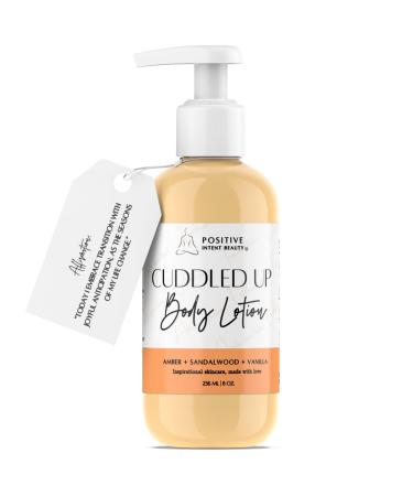 Cuddled Up Lotion with Affirmation Card Amber Vanilla Plant Botanicals Shea Butter Vitamins to Nourish and Soften Skin Aromatherapy Gift 8oz