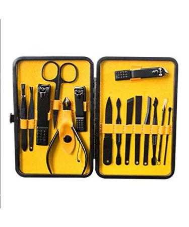PSGS 1 Set Black Stainless Steel Nail Clipper Cutter Trimmer Scissor Tweezers Knife Ear Pick Grooming Kit Manicure Pedicure Toe Tools (Color : 15pcs Yellow)