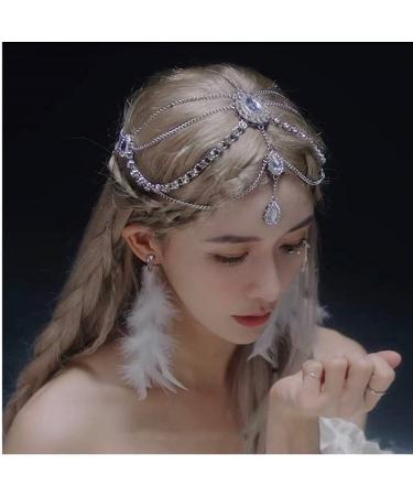E EMZHOLE Head Chain Bridal Silver Tassel Headpieces Prom Festival Forehead Chain Wedding Hair Accessories Party Belly Dance Head Jewelry for Women and Girls