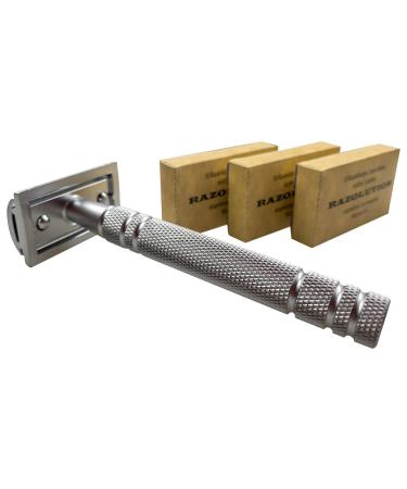 Safety razor 3-piece with 100 mm handle matt chrome-plated as a set with 30 razor blades FREE