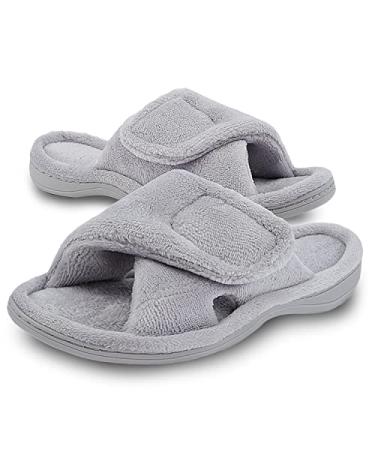 Git-up Women's Memory Foam Slippers with Arch Support Adjustable Hook and Loop Slippers Diabetic Open Toe Soft Bedroom House Slippers for Indoor Outdoor Shoes 9.5-10.5 Grey