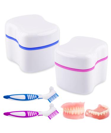 2 Denture Bath Case and 2 Denture Cleaner Brushes Retainer Denture Box Tophoniex Dentures Container with Basket Denture Holder for Travel Retainer Cleaning
