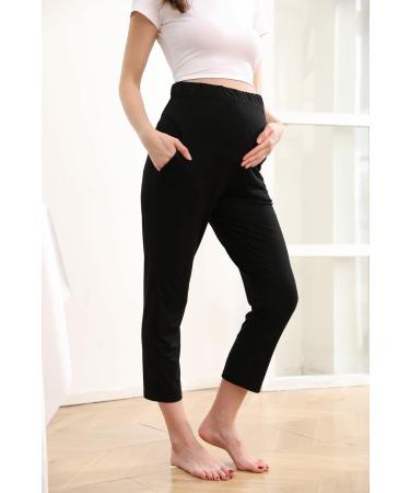 ZUMIY Maternity Lounge Pants - Over the Belly Pregnancy Trousers - Stretchy Activewear with Pockets - Black - Buy Online on GoSupps.com