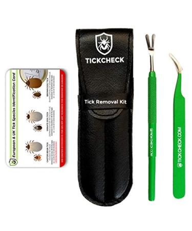 TickCheck Premium Tick Remover Kit - Stainless Steel Tick Remover + Tweezers, Leather Case, and Free Pocket Tick Identification Card 1 Set