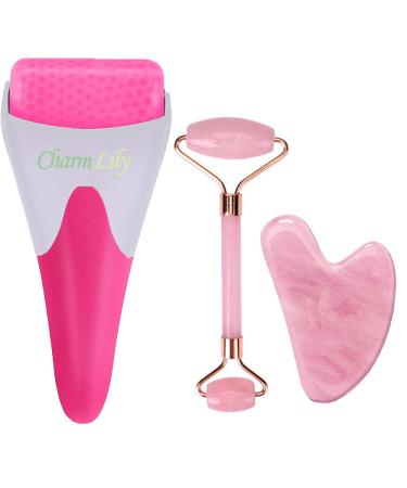 Rose Quartz & Ice Roller + Gua Sha Massager Tool Set for Face & Eyes by Charmlily, Puffiness, Reduce Wrinkle Aging, Migraine, Pain Relief on Neck & Body, Cold Facial Original Natural Stone - 3 in 1
