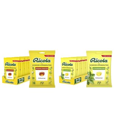 Ricola original herbs Swiss herbal candy 18 x 75g bag without sugar beneficial for neck and voice & lemon balm Swiss herbal candy 18 x 75g bag without sugar comfortingly bundle with lemon balm