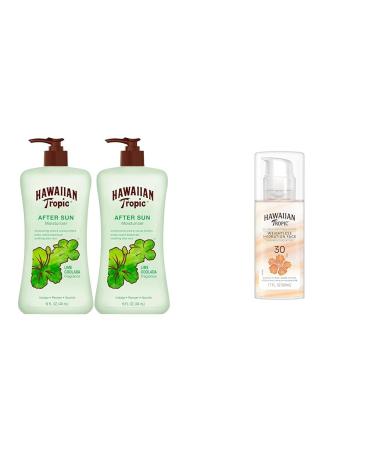 Hawaiian Tropic After Sun Lotion Twin Pack 16oz each & Face Sunscreen SPF 30 1.7oz Travel Size