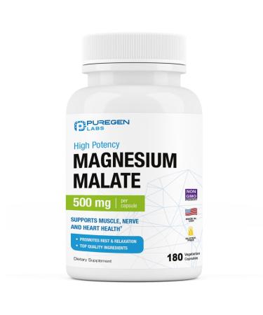 Puregen Labs Magnesium Malate 500mg | High Potency Elemental Magnesium | 180 Veggie Caps Superior Absorption Non-GMO NO Gluten and Dairy Supports Muscle Joint and Heart Health