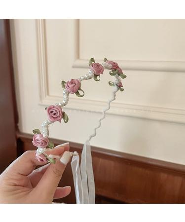 Headband Hair Accessories for Women Girls Fashion Flower Girl Headbandswith Tassels Hairband Flower Headwear with Pearl Beads Pink pearl&flower-pink