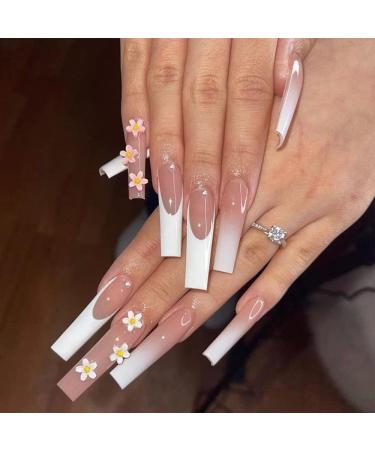 24Pcs French White Edge Wearing Manicure Finished Rhinestone Starburst Removable Fake Nails Full Cover Ballerina False Nails 8