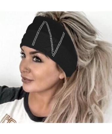 GORTIN Letter Rhinestones Headbands Black Boho Headband Wide Hair Bands Stretch Turban Head Wraps Knotted Head Pieces Party Head Jewelry for Women and Girls Pack of 1 (N)