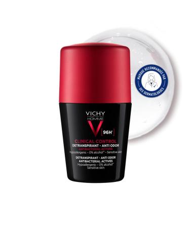 Vichy Homme Clinical Control Roll-On Deodorant for Men Antiperspirant with Very Long-Lasting Effectiveness 96 H Alcohol-Free and Fragrance-Free 50 ml