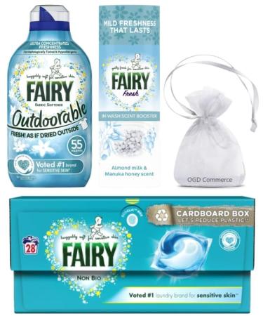 Fairy Non Bio Pods Laundry Washing Capsules Huggably Soft for Sensitive Skin 28Pods + Fairy Outdoorable Non Bio Fabric Conditioner 55washes 770ml + Fairy Fresh in Wash Scent Booster Beads 176gr - Buy Online on GoSupps.com