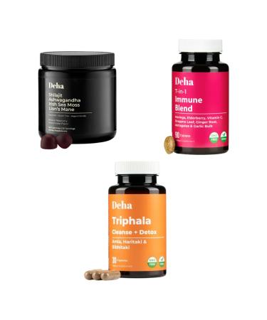 Deha Complete Wellness Bundle Shilajit Gummies 7-in-1 Immune Support Tablets Triphala Digestive Cleanse Energy Immunity Gut Health Ashwagandha Sea Moss Vitamin C Amla Non-GMO Vegan