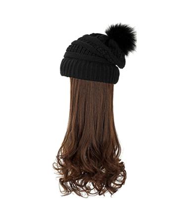 Hat hat rope with hair: corrugated curly hair extensions. Disceptable warm knitted Pom cap connected synthetic hair parts for women winter - Buy Online on GoSupps.com