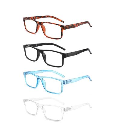 Yuluki 4 Pack Reading Glasses Blue Light Blocking Quality Rectangle Frame Mens Womens Computer Readers with Spring Hinge +1.75 4 Pack Mix 1.75 x