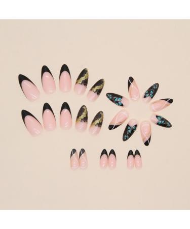 JUSTOTRY 24 Pcs Black Glitter Butterfly Almond Short False Nails with Nail Glue - Oval Medium Stick on Nails for Women - Buy Online on GoSupps.com