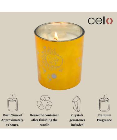 Cello Celestial Scented Candle with Clear Quartz Gemstones - Metallic Gold Candle with Clear Crystals | Ideal Gift for Men and Women - Buy Online on GoSupps.com