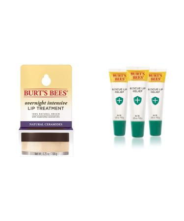 Burt's Bees Overnight Lip Sleeping Mask and Rescue Lip Relief Lip Balm Bundle (3 Pack)