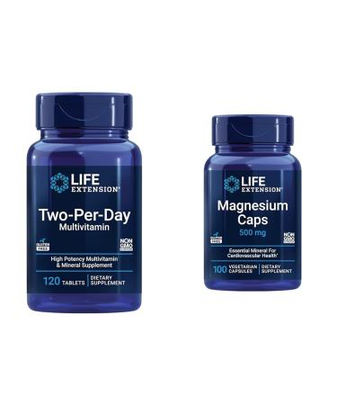 Life Extension Two-Per-Day High Potency Multi-Vitamin & Mineral Supplement & Magnesium Caps 500 mg Magnesium Oxide Citrate Succinate Unflavored + Magnesium Caps 120 Count-Tablet
