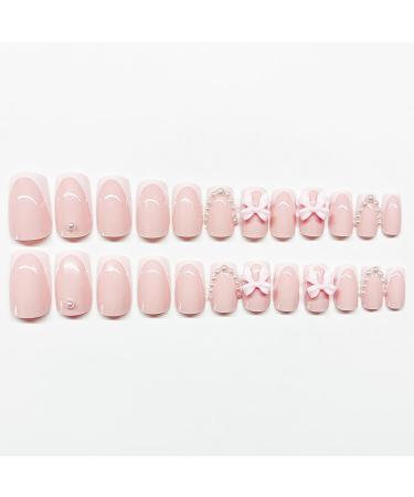 Shop Pink French Tip Press on Nails - Short Medium Square Full Cover with Pearl Bow Designs - 24 Pcs for Women & Girls - Buy Online on GoSupps.com