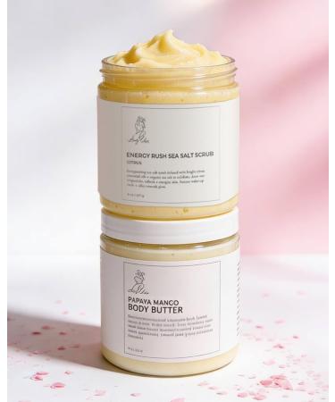 Bodyluxe Glow Energy Rush Citrus Sea Salt Scrub and Papaya Mango Body Butter Set (8 oz ea) Exfoliating Moisturizing Organic For All Skin Types Preservative Free