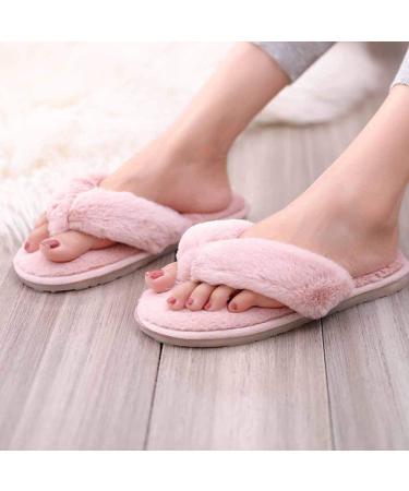 Pink Fluffy Slippers Women Fur Slides Winter Flip Flops Warm Comfortable Fluffy Furry Slippers Lady House Soft Shoes Flat Shoes for Indoor Outdoor Flat Sandals Ladies (C 24.5CM)