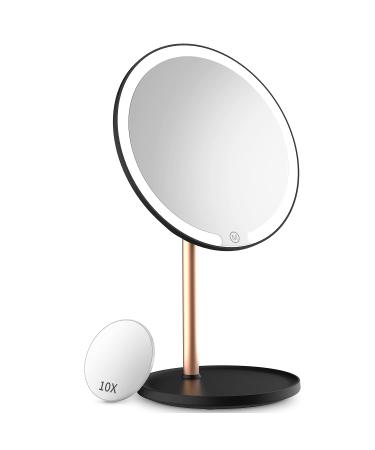 LED Lighted Makeup Mirror  Rechargeable LED Vanity Mirror with 10X Magnification Mini Mirror Detachable - Touch Sensor  3 Color Lights Dimming  360 Degree Rotation - Portable Mirror for Travel (Black)