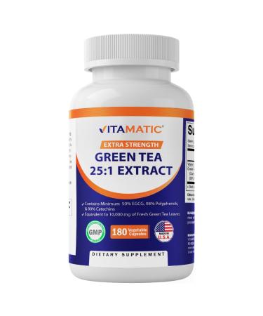 Vitamatic Green Tea Extract with Vitamin C, 25X Concentrate, 98% Polyphenols, 80% Catechins, 50% EGCG, 180 Veg Capsules