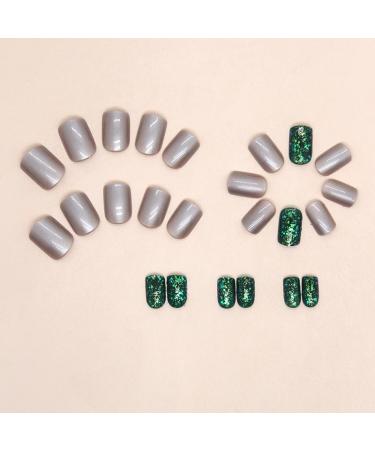Shop Mouyouglow Press On Nails - Short Square Silver Gray & Dark Green Glitter - Bling Artificial Nails with Glue - Buy Online on GoSupps.com