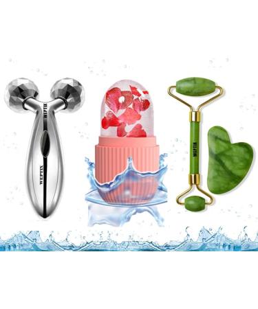 3D Manual Roller Face Body Massager With And Anti Aging 100% Natural Jade Stone Roller Msagger With Gua Sha Tools for Face and Body Massager